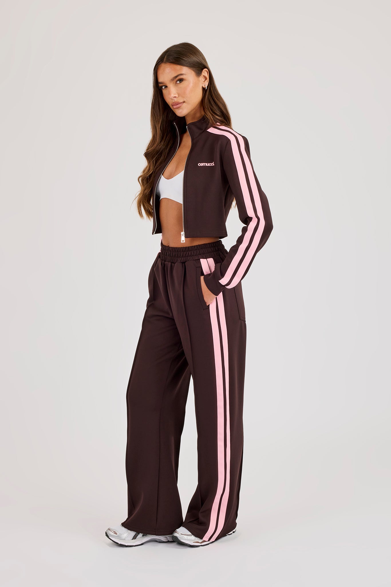 Fitted Pink Taping Track Top & Wide Leg Jogger - Chocolate